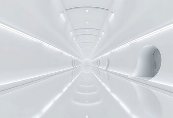 A futuristic, perspective view of an empty space with hidden lighting, a white floor, and a ceiling, creating a modern background design evoking a sense of future technology, suitable for a showroom,