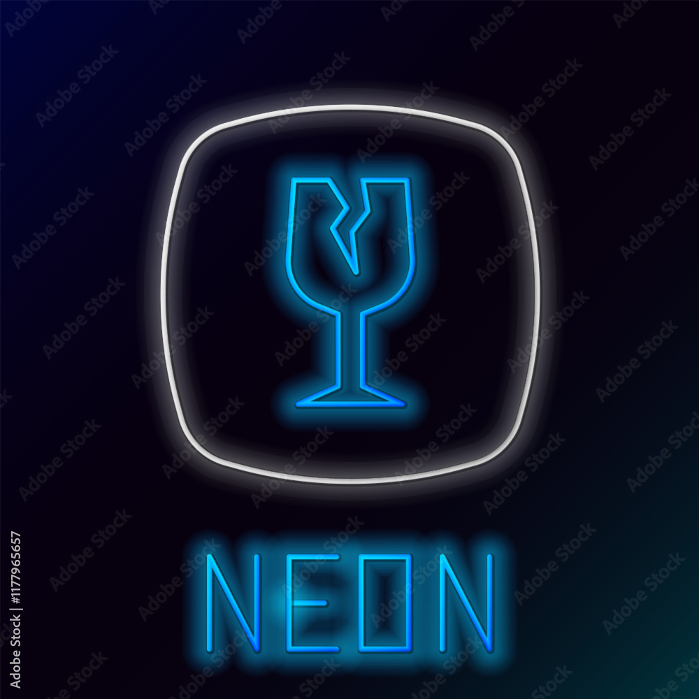 Poster glowing neon line fragile broken glass symbol for delivery boxes icon isolated on black background. 