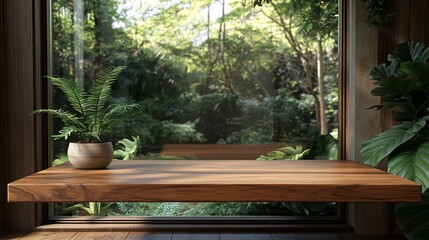 Fototapeta premium Nature-inspired indoor space with wooden shelf and plant view in a serene environment