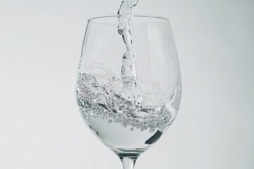 Clear water pouring into a glass against a bright white background, perfect for beverage or drink concepts