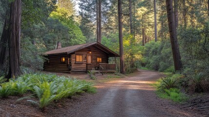 Rustic log cabin in a peaceful forest setting surrounded by tall trees