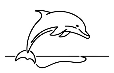 minimalist black and white line art of a dolphin jumping through waves