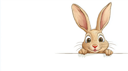 Cartoon brown rabbit peeking over the edge, with a red nose and a smile, white background, in a vector illustration style. Cartoon cute animal with big eyes and long ears. Cute easter bunny. Copy spac