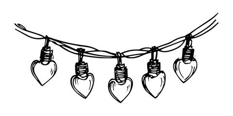 Black and white vector drawing of romantic string lights with heart bulbs, vintage festive illustration