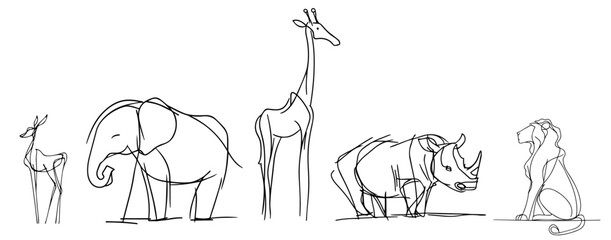 stylized black and white artwork of safari wildlife in a single-line design