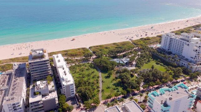 Marjory Stoneman Douglas Ocean Beach Park. Aerial drone video 2025. Miami Beach, Florida, United States USA