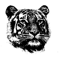 detailed black and white illustration of a tiger's face in artistic style