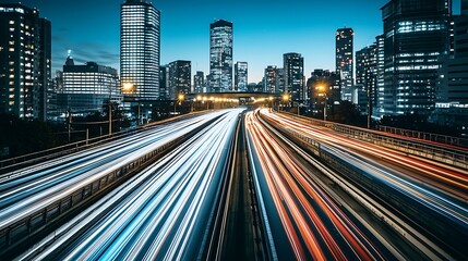 Fototapeta premium A bustling cityscape at dusk with light trails from moving vehicles on a highway.