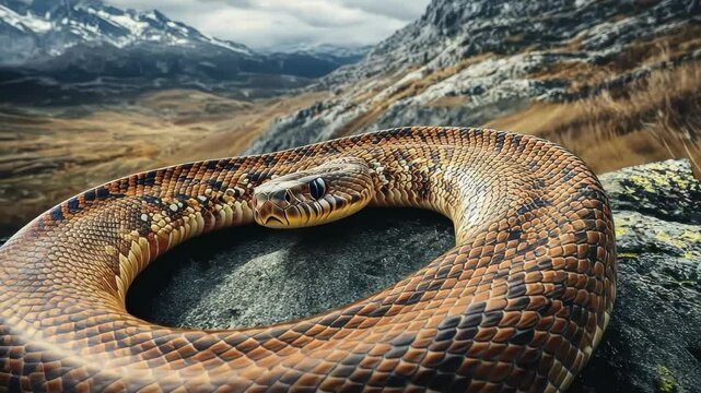 Coiled snake resting on rocky mountain terrain with stunning landscape in the background, a big snake coiled on a mountain seamless ing time-lapse virtual video Background