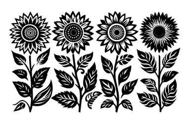 monochrome vector design of sunflowers and leaves in decorative style