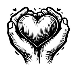 artistic monochrome illustration of caring hands with heart in traditional etching style