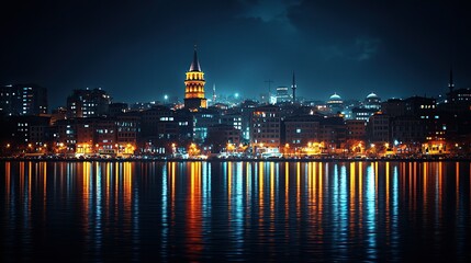 Obraz premium Istanbul cityscape at night, Galata Tower, lights reflecting in water.