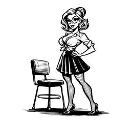 artistic sketch vector of a confident pin-up style woman in a school setting