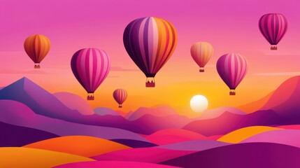 Fototapeta premium Vibrant scene of multiple hot air balloons floating gracefully over a picturesque landscape of rolling hills and mountains bathed in the warm hues of a setting sun