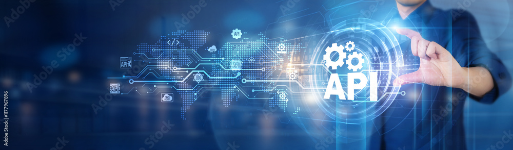 Poster api. businessman hold api integration network connecting icon to streamline business processes, ensu