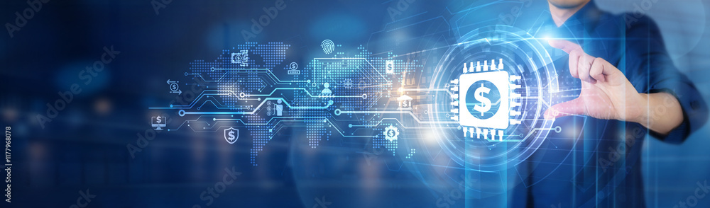 Poster businessman hold digital fintech network connecting icon to optimize financial operations, enhancing