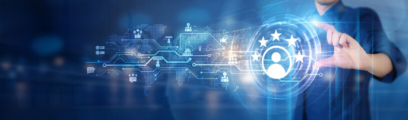 Businessman hold customer satisfaction network connecting icon to enhance client experience,...