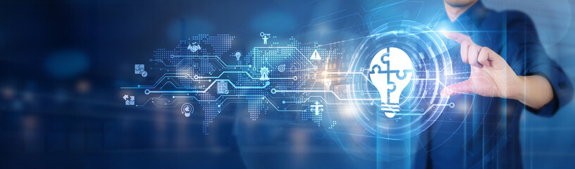 Businessman hold global solutions network connecting icon representing innovation, growth strategies, technological advancements, and collaborative business solutions.