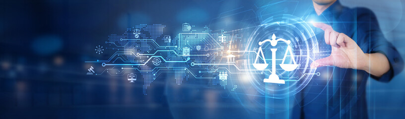 Businessman hold legal technology network connecting icon representing innovation, automation,...