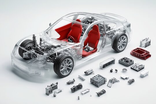 Futuristic transparent car model with red seats and mechanical parts on a white background
