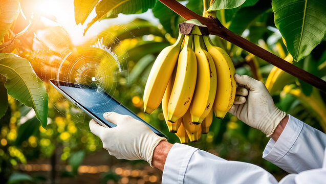 agronomist's hands with tablet scans banana in garden - Powered by Adobe