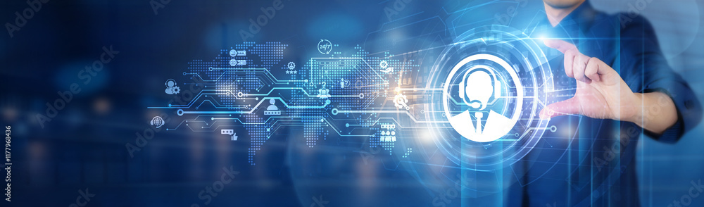 Poster businessman holds a comprehensive customer service network connecting icon to enhance customer exper
