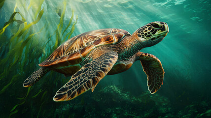 Sea turtle swimming in underwater, copy space