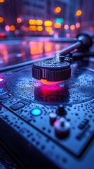 Dynamic dj setup featuring turntable and neon lights photos