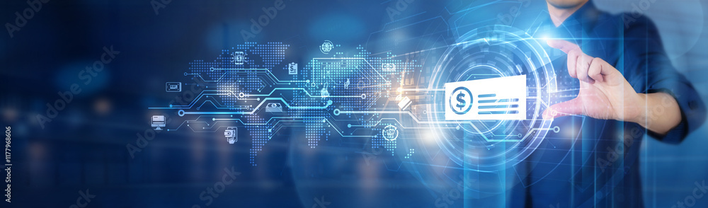 Poster businessman holds a digital payment network connecting icon to facilitate seamless transactions, ens