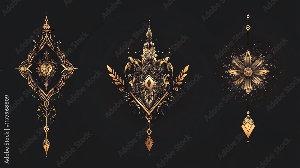 Poster elegant designs with intricate patterns and gold accents on a dark backdrop