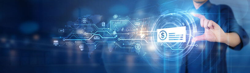 Businessman holds a digital payment network connecting icon to facilitate seamless transactions,...