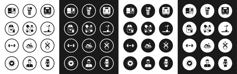 Set Bathroom scales, Vitamin pill, Paper package for milk, Bed, Treadmill machine, Fresh smoothie, No alcohol and Dumbbell icon. Vector