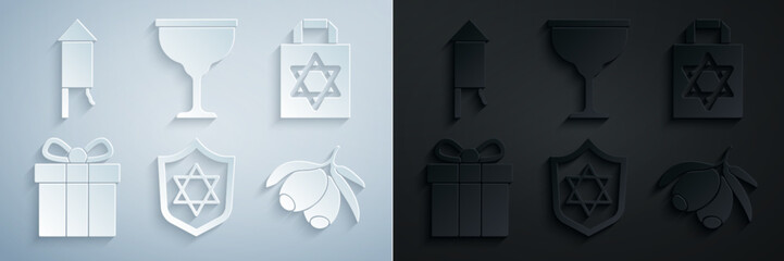 Set Shield with Star of David, Shopping bag star david, Gift box, Olives branch, Jewish goblet and Firework rocket icon. Vector