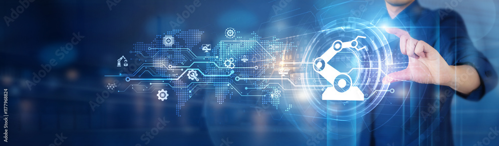 Poster businessman holds industry 4.0 network connecting icon representing automation, data exchange system