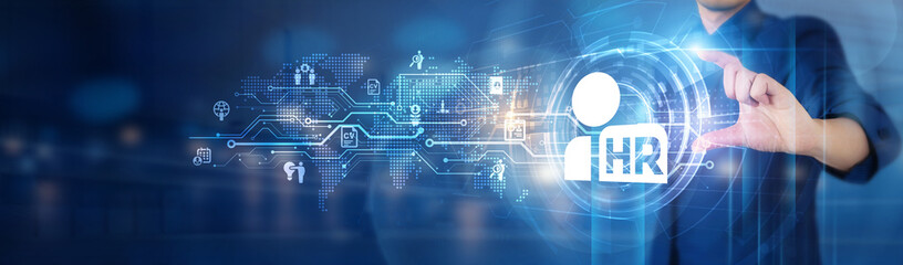 Businessman holds human resources network connecting icon representing recruitment, employee engagement, and organizational management, providing innovative HR solutions.