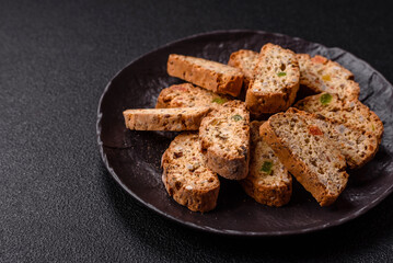 Freshly baked Italian cantuccini cookies with nuts and candied fruits