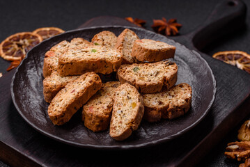 Freshly baked Italian cantuccini cookies with nuts and candied fruits