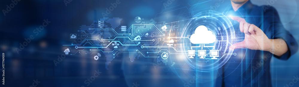 Poster cloud computing. businessman hold cloud computing network connecting icon to represent solutions for