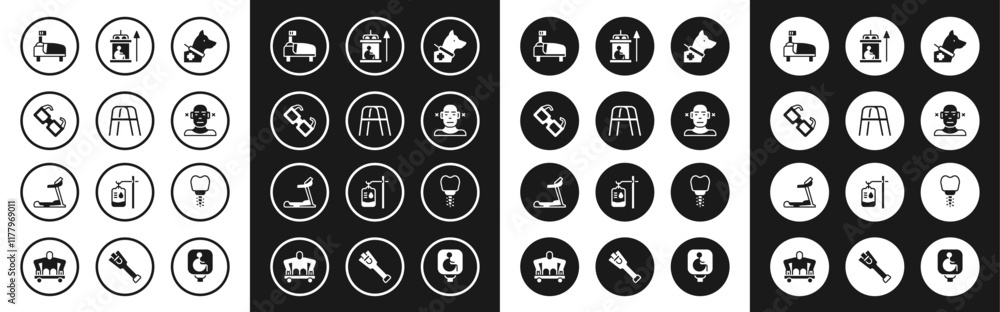 Wall mural Set Guide dog, Walker, Eyeglasses, Hospital bed, Deaf, Elevator for disabled, Dental implant and Treadmill machine icon. Vector