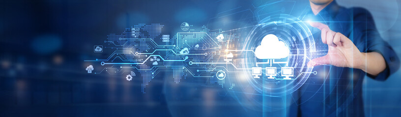 Cloud Computing. Businessman hold cloud computing network connecting icon to represent solutions...