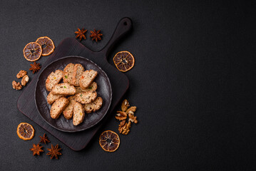 Freshly baked Italian cantuccini cookies with nuts and candied fruits