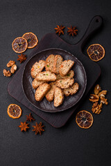 Freshly baked Italian cantuccini cookies with nuts and candied fruits