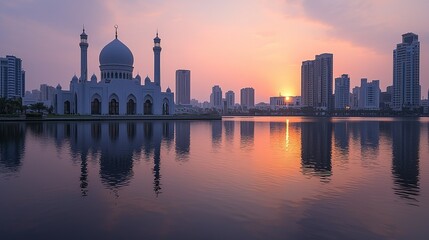 Fototapeta premium Lakeside mosque reflects in calm water at sunset with city skyline.