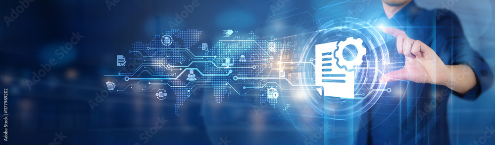 Poster document management. businessman hold document management network connecting icon for efficient coll