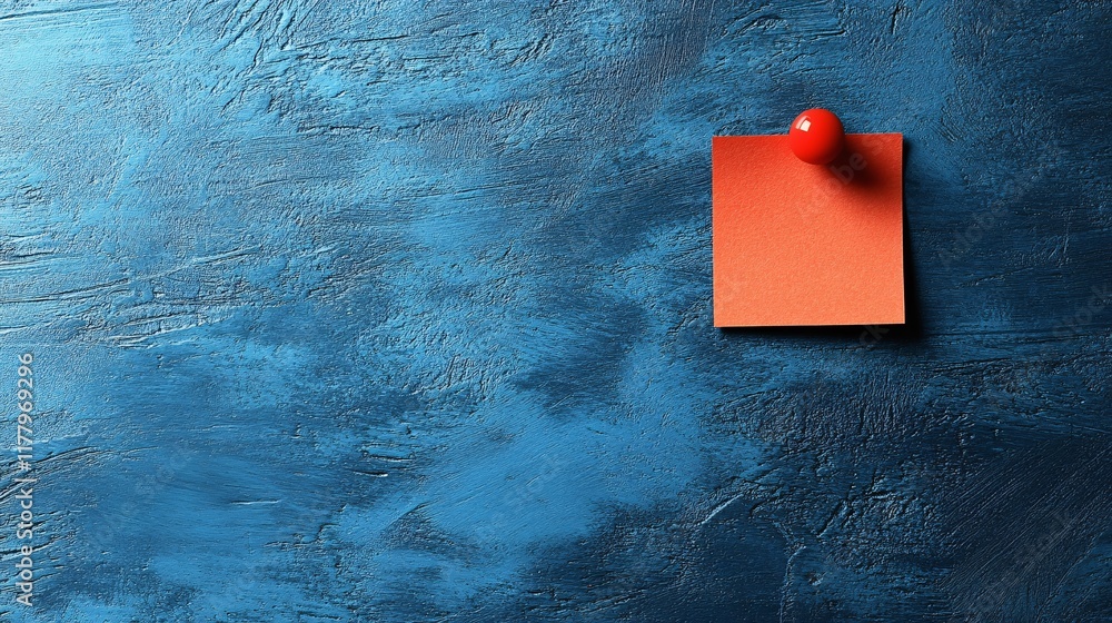 Poster bright red note attached to blue textured surface in a creative workspace setup