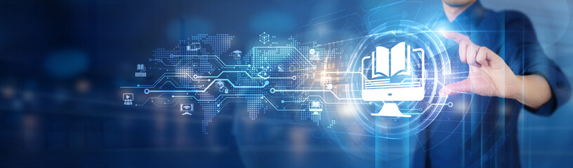 E-learning. Businessman hold virtual connection network connecting icon to promote E-learning...