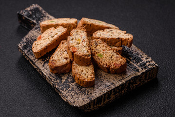 Freshly baked Italian cantuccini cookies with nuts and candied fruits