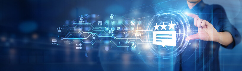 Feedback. Businessman holds a global virtual network connecting icons representing business opportunities, digital transformation, innovative strategies, collaborative efforts, efficient operations.