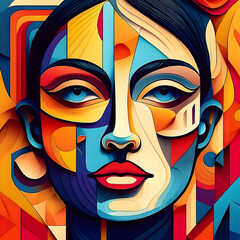Portrait of a young woman with blue eyes, colorful, vibrant cubist work, abstract face illustration in bright colors, version 1