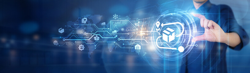 Logistics. Businessman holds logistics operations network connecting icon to ensure smooth...